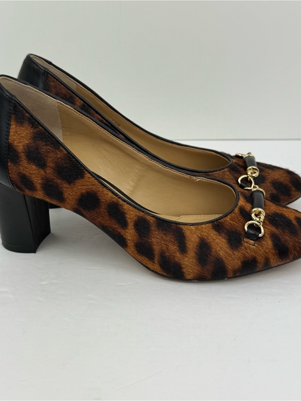 Talbots Ellery Bit Block Heel Pumps. Leopard print calf hair heels. Size 7.5.